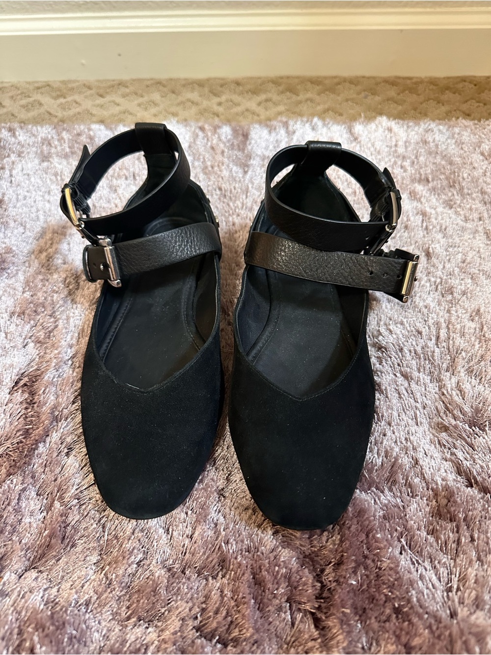 Rebecca Minkoff Black Suede Studded Ankle Strap Flats – Size 6M